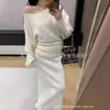 Conjunto de Duas Peças em Cashmere de Ovelha de Alta Qualidade Cor Lisa Moda 2025 Versátil Elegante Cardigan de Tricô Vestido para Frio