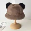 Sombrero de Cuenca con Orejas de Oso de Color Contrastante para Mujer en Otoño e Invierno, Imitación de Piel de Visón Suave y Ceroso, Engrosado y Cálido, Sombrero de Pescador que Favorece el Rostro