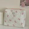 Bolsa de Maquiagem Acolchoada com Laço Branco Pequena Fresca Fofa Estudante Bolsa de Armazenamento Portátil Necessaire Bolsa de Grande Capacidade