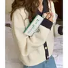 Jaqueta Cardigan de Tricô com Gola Polo de Botão Único para Mulheres, Design Solto, Estilo Hong Kong Retrô, Suéter de Contraste, Peça Externa