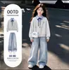 Primavera/Otoño 2026 Nuevo Estilo Coreano Estilo Académico Sudadera con Capucha Falsa de Dos Piezas Cuello Polo Jeans con Estampado de Estrellas Conjunto de Dos Piezas para Niñas