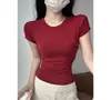 K3567 Camiseta de Manga Corta con Cuello Redondo para Mujer, Estilo Verano Delgado, Chica Popular, Versátil, Favorecedora, Ajuste Delgado, Hombro Estándar, Color Sólido, Top Básico