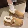 Zapatos Birkenstock de Cuero Genuino Suela Gruesa Completamente Cubiertos de Piel para Mujer Invierno Felpa Plus Calentitos Sin Cordones Zapatos de Algodón Botas de Nieve
