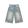 Shorts de Mezclilla Anchos con Estampado de Estrellas Retro Americano para Mujer, Verano Talla Grande Cintura Alta Adelgazantes Pantalones Capri de Pierna Recta