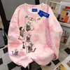 Moletom Redondo com Estampa de Gato Fofo Estilo Americano 2025 para Mulheres Outono e Inverno Tie-Dye Rosa Estudante Solto