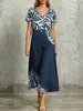 Vestido de verano con estampado étnico degradado transfronterizo europeo y americano, cuello en V, manga corta, holgado, con caída, abertura, midi