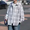 Camisa retro a cuadros estilo japonés para hombre, marca de moda de invierno, camisa casual de trabajo, chaqueta de pareja con bloqueo de color de alta costura con cuello de solapa