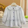 Nova coleção de outono de algodão puro, camisas estilo babydoll com renda xadrez estilo coreano para meninas, camisas da moda para bebês meninas, camisas infantis e roupas infantis