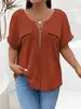 2025 Amazon Primavera/Verano Nuevo Top de Color Sólido Talla Grande para Mujer Cremallera Manga Corta Bolsillo Falso Jersey Camiseta Ajuste Holgado