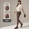Leggings planos gruesos de algodón con forro polar para otoño e invierno en color avena con estampado de espiga, de cintura alta, control de abdomen, realce de glúteos, adecuados para usar como prenda exterior