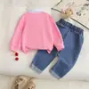 Conjunto bordado de dos piezas de punto gofrado para niña de comercio exterior con pantalones vaqueros, conjunto de dos piezas, suministro directo de fábrica, venta al por mayor