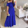 AliExpress cross-border europeu e americano comércio exterior novo verão gola de uma palavra manga curta longo feminino 7 cores vestido plissado feminino