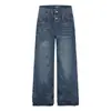 L99849 Jeans Streetwear Americano Lavado de Cintura Dupla com Design Irregular, Corte Largo e Solto, Unissex