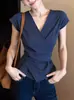 Verano 2026 Estiloso y de Diseño Único Hermosos Tops para Ocasiones Importantes Camiseta Azul con Cuello en V para Mujer