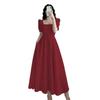 Vestido de Verano para Mujer Estilo Hepburn Cuadrado con Mangas Abullonadas de Cinco Picos, Ceñido a la Cintura, Adelgazante, Elegante, Largo por Encima de la Rodilla