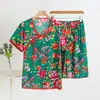Conjunto de Algodão e Seda de Manga Curta para Mulheres Verão Fino Nordestino Flor Grande Estilo Nacional Roupas de Casa de Algodão Artificial para Mães de Meia-Idade e Idosos