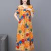 Vestido de Verão de Algodão de Manga Curta para Mãe Gola Redonda Tamanho Grande Vestido Longo Floral Floral Solto Que Cobre o Corpo Vestido Estampado para Meia-Idade e Idosos