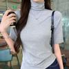 Tiro Real # Camiseta de Manga Corta con Cuello Alto en el Hombro Derecho para Mujer 2025 Verano Camisa Base Ajustada para Mujer Top de Manga Tres Cuartos