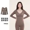 Top Cálido de Manga Larga con Parches de Encaje para Mujer, Cuello en V y Copas Integradas, No Necesita Usar Sujetador, Cepillado por Ambos Lados, Capa Base Adelgazante