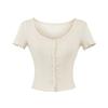Camiseta de Tricô Jacquard com Babados e Decote em V Profundo de Manga Curta para Mulheres, Novo Estilo de Verão, Sexy e Estilosa, Top Curto Ajustado Doce e Picante