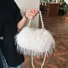 Nova Mochila de Penas de Avestruz, Bolsa de Corrente com Pérolas, Bolsa Pequena Crossbody Estilo Fragrância, Bolsa de Ombro Lisa, Bolsa Feminina de Pelúcia Outono e Inverno