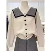 Cardigan de Tricô Listrado Azul Marinho com Gola, Slimming, Caimento Solto Casual, Outono-Inverno, Casaco Suéter para Mulheres