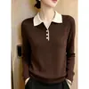 2026 Verão Nova Camisa Slim Fit Emagrecedora Top Estilo College com Gola Reversível em Cor Contrastante Manga Longa Meio Botão Suéter de Tricô para Mulheres