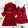 Roupão de Dormir Aveludado Espesso Longo Roupão de Banho Pijama de Festa de Inverno Stopper Vermelho Casamento Madrinha Vestido de Manhã de Casamento Feminino Noiva