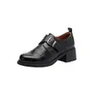 Mocassins de Couro com Cinto Estilo Retrô de Boca Profunda para Mulheres Primavera 2026, Sapatos Simples de Couro Macio para o Dia a Dia com Salto Grosso, Mocassins de Couro Estilo Britânico