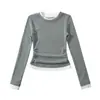 Nuevo Estilo de Otoño Cuello Redondo Pequeño Manga Larga Algodón Elástico con Hilo Ajustado Camiseta Interior Ajustada Falso Dos Piezas Cintura con Borde Blanco Top Plisado