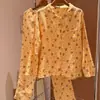 Pijama de mono con estrella amarilla para mujer, estilo primavera y otoño, cuello camisero dulce, manga larga, conjunto de ropa de estar de algodón de doble capa para estudiantes