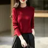Suéter feminino de outono e inverno com mangas compridas e adornos de strass, feito de lã finamente fiada, gola redonda, estilo simples e suave, versátil como camada base