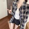Potente Camisa de Cuadros Retro para Mujer, Camisa de Corte Holgado, Cárdigan, Top de Manga Larga, Camisa Versátil con Cuello Rayado