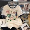 Camiseta de Algodón con Cuello Estampado de Dibujos Animados de Manga Corta para Mujer Verano 2024 Nuevo Holgada Media Manga Camisa Casual