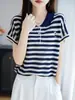 Nuevo Top de Manga Corta Rayado Bordado con Solapa Estilo Coreano Chic Adelgazante Transpirable Amigable con la Piel Versátil Capa Base para Mujer