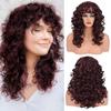 Peruca europeia e americana transfronteiriça para mulheres, cachos com franja arrumada, preto, castanho, volume pequeno, cabelo médio a longo cacheado, topo cheio, touca de fibra química, multicolor