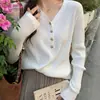 Camisa Básica Gola V para Mulheres, Roupa Íntima Estilo Pequeno Cheiroso, Tricô Novo 2025 Estilo Francês, Blusa de Manga Longa de Primavera para Usar por Cima