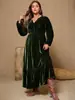 Vestido de Terciopelo de Color Sólido con Mangas de Linterna, Cintura Ajustada y Cuello en V para Mujer, Transfronterizo Europeo y Americano, Talla Grande, 2025