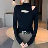 Camiseta Básica Negra de Cuello Medio para Mujer, Nuevo Estilo 2026 Principios de Primavera y Otoño, Top Térmico Acanalado Ajustado Sexy con Aberturas