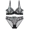 Conjunto de lencería de encaje bordado de lujo ligero estilo francés, conjunto de sujetador sexy de malla ultrafina transparente con bordado pesado