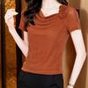 Diseño de Encaje Hermosas Blusas de Mujer Nueva Camiseta Flor Estéreo Color Puro Seda Brillante Malla Manga Corta Camiseta Básica para Mujer