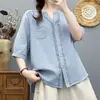 Camisa de Algodón con Cuello en V Estilo Japonés Manga Media 2026 Moda Verano Top Artístico Blusa de Retazos Elegante que Reduce la Edad