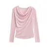Camiseta Feminina Manga Longa Slim Fit Sexy Estilo Garota Picante Americana Puro Desejo Cintura Elástica Marcada Pregueada Cor Sólida Camisa Base