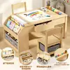Mesas y sillas de madera para preescolar, escritorios de estudio de madera para niños con estanterías, juegos de mesa y silla para bebés y niños