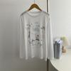 Estilo Coreano Fino Grafite Animal Manga Longa Roupa de Proteção Solar Desenho Animado Casual Solto Blusa Ligeiramente Transparente Camiseta Top Tendência