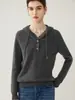 Suéter de malha simples e liso com capuz de cashmere para outono e inverno feminino, peça básica, com meia-botoadura, moda casual
