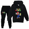 Sudadera con Estampado de Dibujos Animados Mario 2025 para Niños, Conjunto de Manga Larga, Primavera, Niños y Niñas, 2 Piezas Pantalón + Sudadera con Capucha