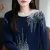 Suéter de Punto Grueso Jacquard Estilo Francés 100% Algodón Engrosado Cuello Redondo para Mujer, Corte Holgado, Adelgazante, Top de Suéter Versátil para Otoño e Invierno