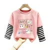 Nova Camiseta de Algodão Puro Patchwork com Gola Redonda e Manga Longa para Crianças, Estilo Fino, Primavera e Outono 2026, Meninas, Desenho Animado, Top Versátil