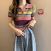 Camiseta Tricotada de Listras Arco-Íris de Manga Curta para Mulheres no Verão Doce Hottie Estilo Coreano Slim Fit Gola Polo Top Curto Tendência